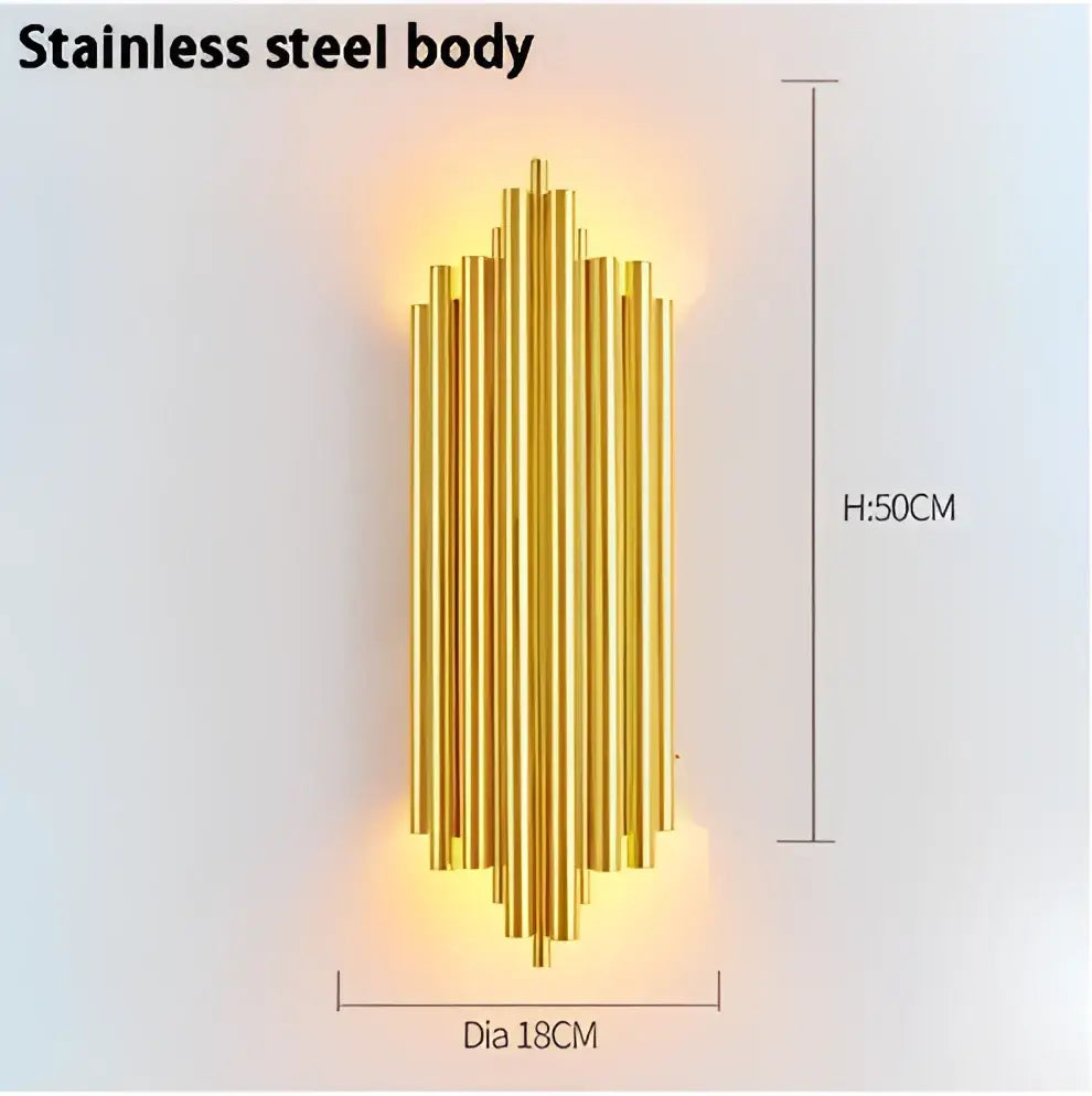 Modern golden led tube wall sconce with a gold finish and sleek stainless steel vertical rods for living room decorbites decor