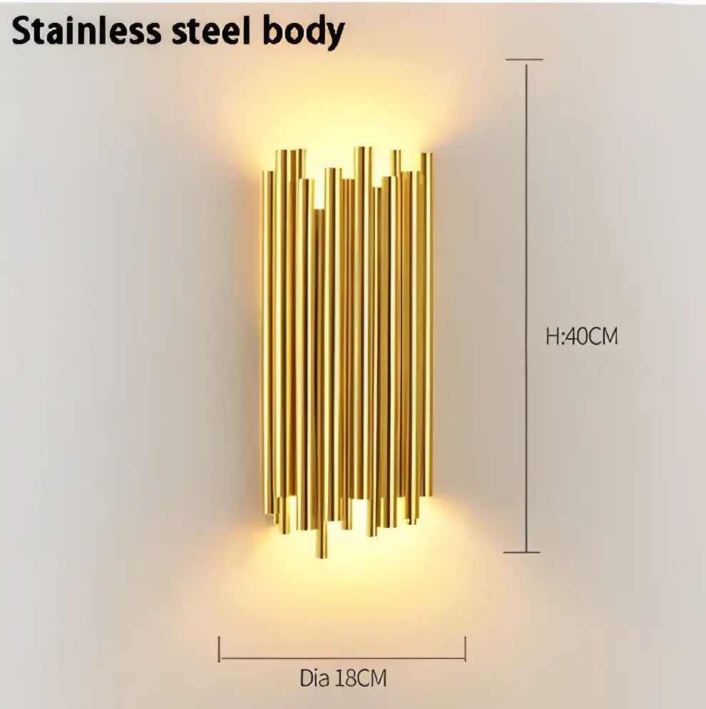 Modern golden led tube wall sconce with gold-finished stainless steel vertical rods for living room decor by decorbites