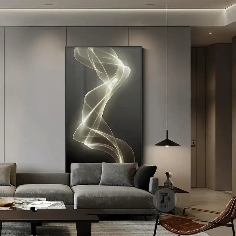 A modern golden led wall lights living room art panel with glowing white and gold abstract lines on dark gray decorbites led wall
