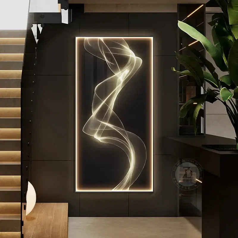 A sleek modern golden led wall light panel with glowing white swirling lines for living room decorbites led wall lights