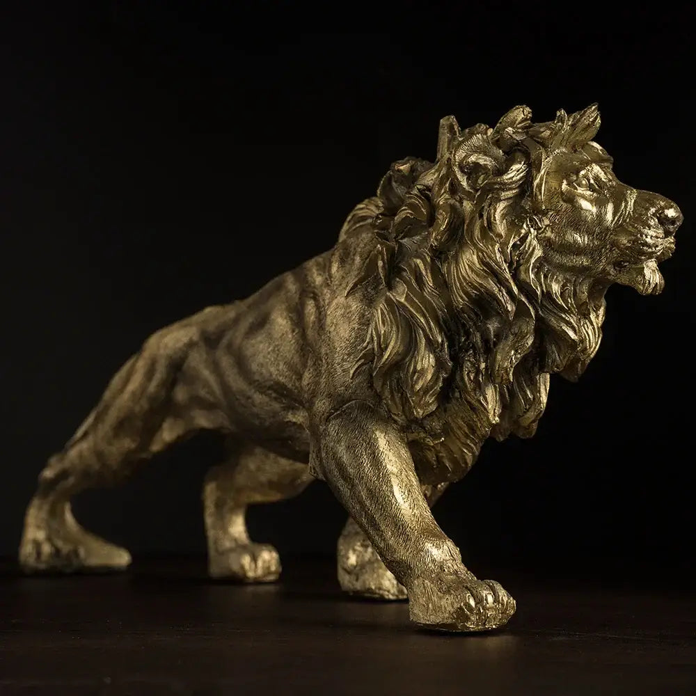 Modern golden lion king statue office decor featuring a textured mane and muscular body by decorbites golden lion