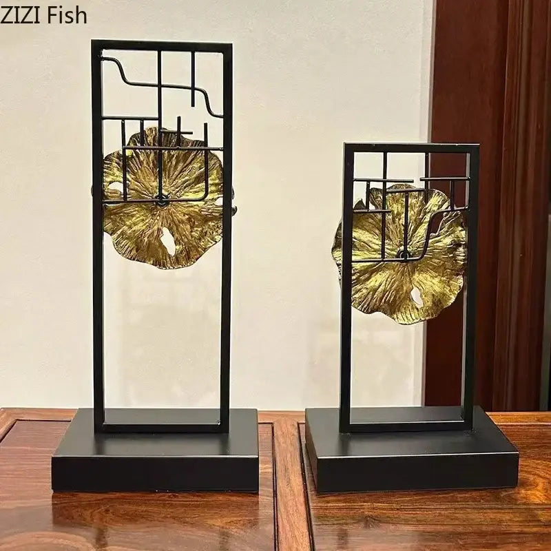 Modern golden lotus leaf framed sculpture with black metal frame and textured golden lotus leaf for living room decor