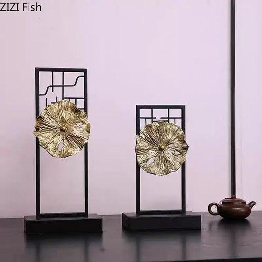 Modern golden lotus leaf framed sculpture featuring golden lotus leaf ornaments with intricate veining in black frames
