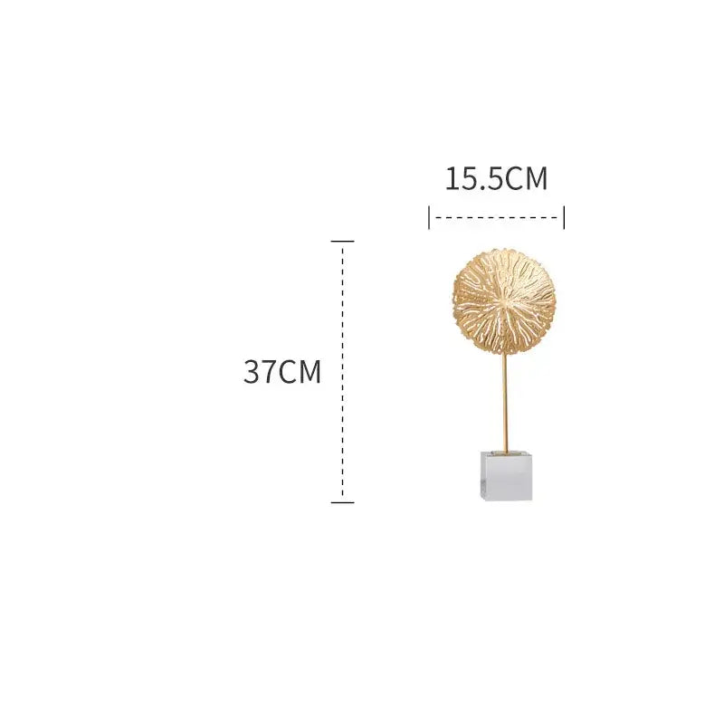Modern golden lotus sculpture featuring an intricately textured gold metal lotus sculpture on a white base for living room decor