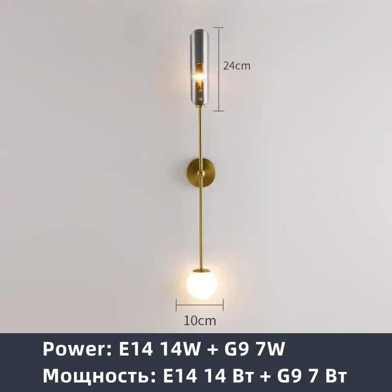 Modern golden metal led wall lamp with sleek brass stem and chrome cylindrical housing for bedroom and living room decorbites decor