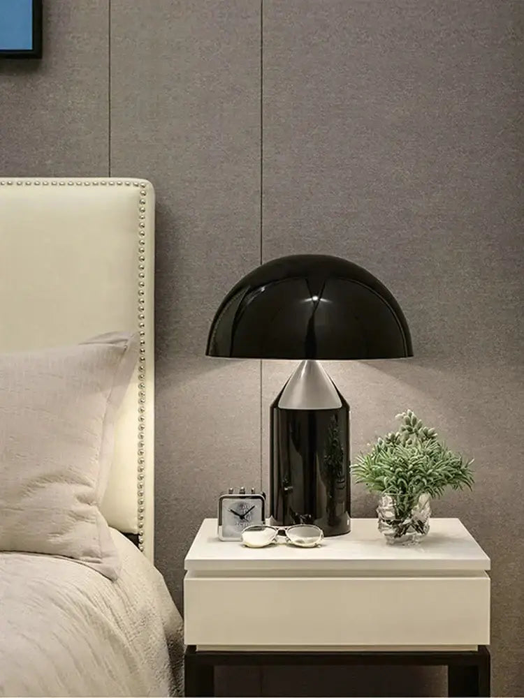 Black mushroom led desk lamp with a glossy finish and silver metallic base for modern decorbites golden mushroom lighting