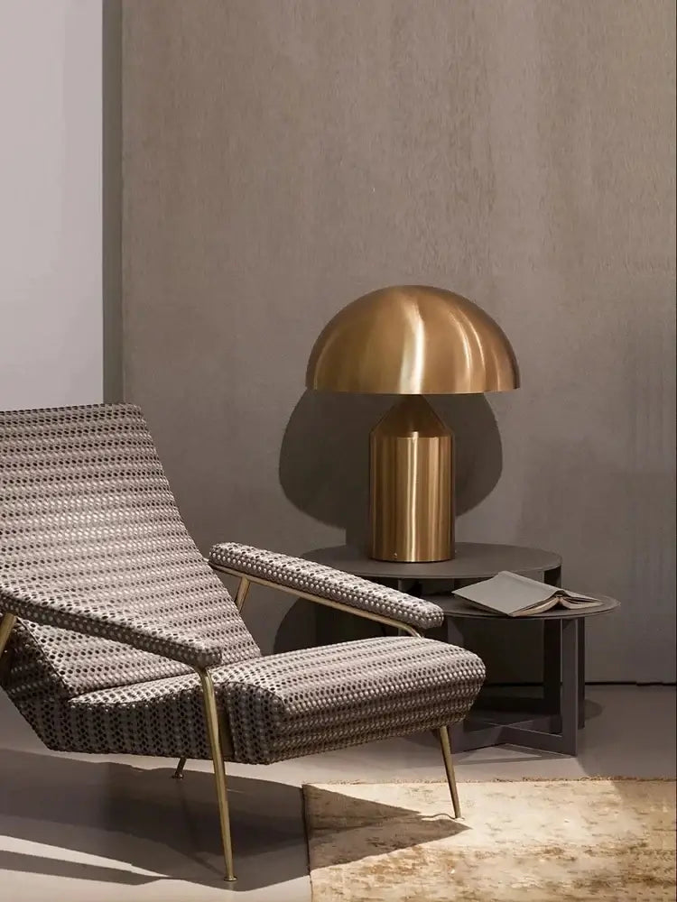 Modern golden mushroom led desk lamp with brass mushroom-shaped shade and sleek cylindrical base for bedroom reading decorbites golden mushroom