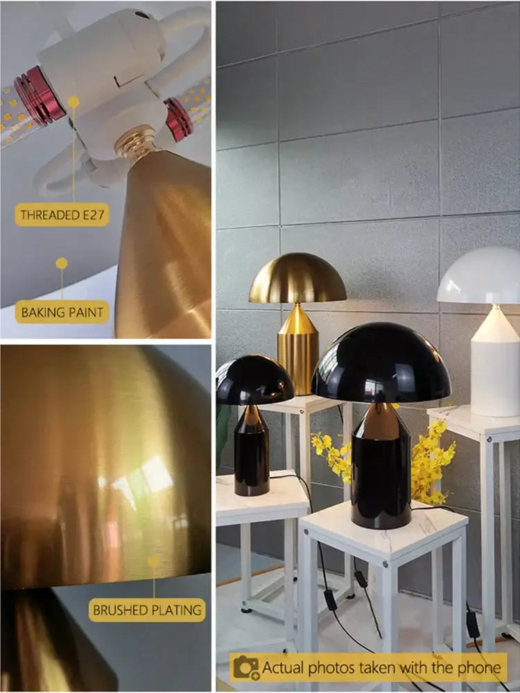 Modern golden mushroom led desk lamps with brushed brass conical base and glossy black finish for bedroom reading light decorbites golden mushroom