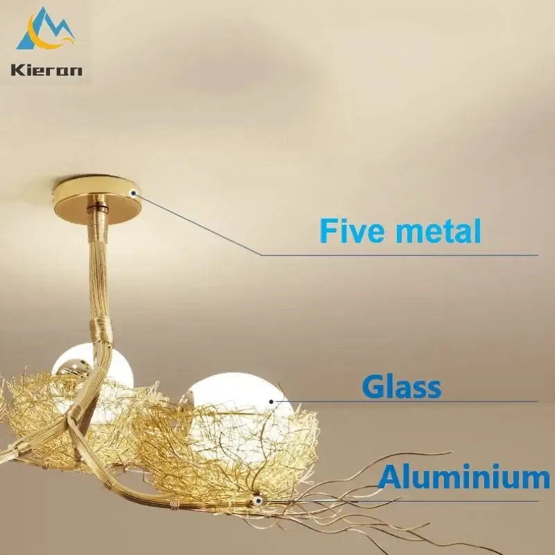Modern golden nest glass led ceiling lamp with gold-toned bird’s nest design and aluminum wireframe for living room decor