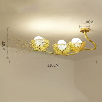 Modern golden nest glass led ceiling lamp with three spherical bulbs in woven wire nests for living room decor