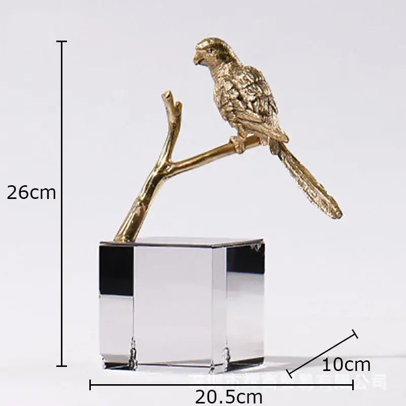 Modern golden parrot bird statue with crystal base decorbites copper bird for living room decor
