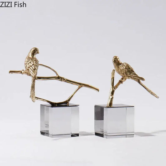 Modern golden parrot bird statue with crystal base decorbites copper bird figurines for living room decor