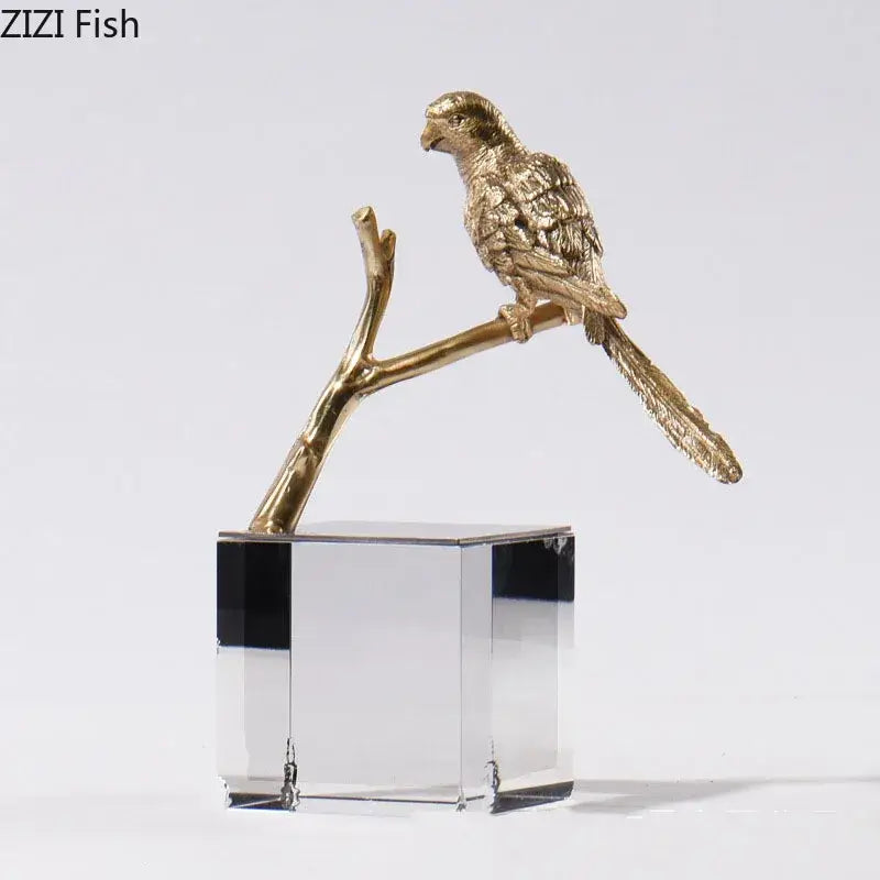 Modern golden parrot bird statue with crystal base decorbites copper bird elevated on clear crystal base for living room decor