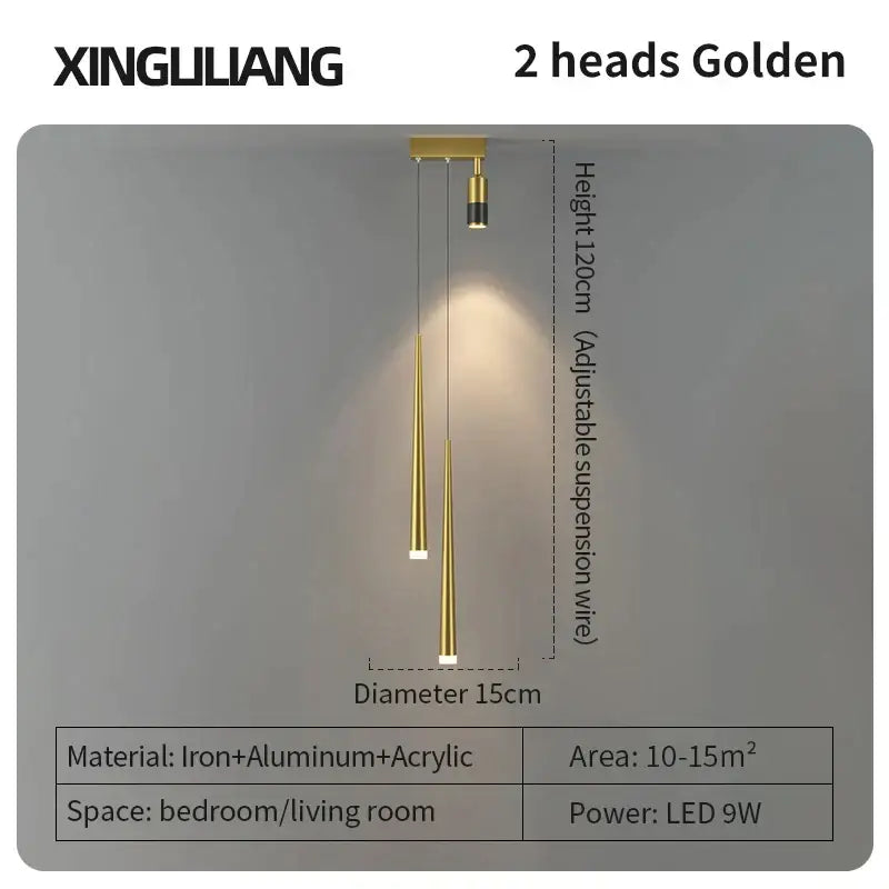 Modern decorbites golden pendant chandelier with two sleek tapered iron and aluminum cylindrical shades for living room decor