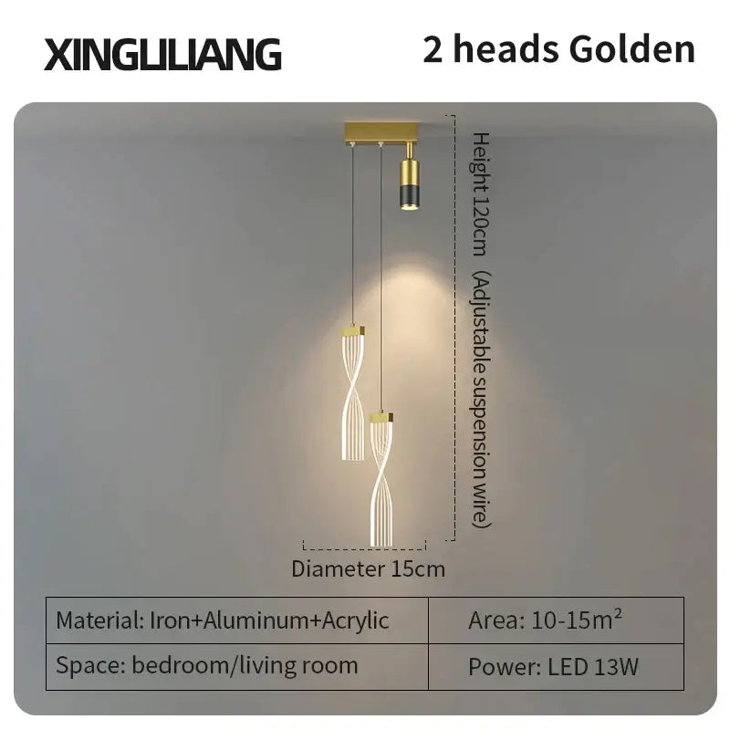 Modern golden pendant chandelier with two twisted iron aluminum and acrylic heads for sleek living room decorbites golden pendant