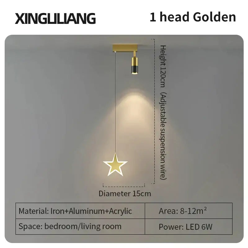 Modern golden pendant chandelier with a golden star shaped led ceiling light and sleek iron aluminum fixture by decorbites