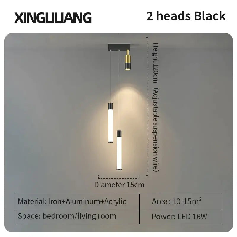 Modern golden pendant chandelier with black xingliuang two-head decorbites golden pendant and sleek cylindrical led bulbs