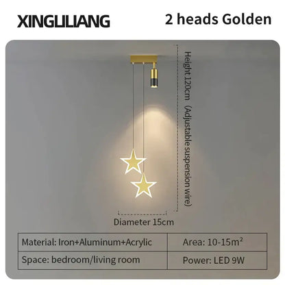 Modern golden pendant chandelier with two iron and aluminum star-shaped heads for living room decorbites golden pendant