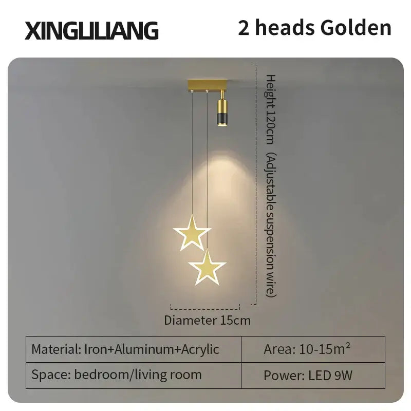 Modern golden pendant chandelier with two iron and aluminum star-shaped heads for living room decorbites golden pendant