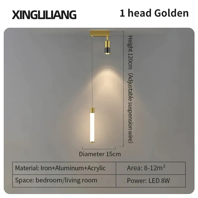 Modern golden pendant chandelier with a sleek cylindrical acrylic lampshade and iron-aluminum bracket by decorbites golden pendant