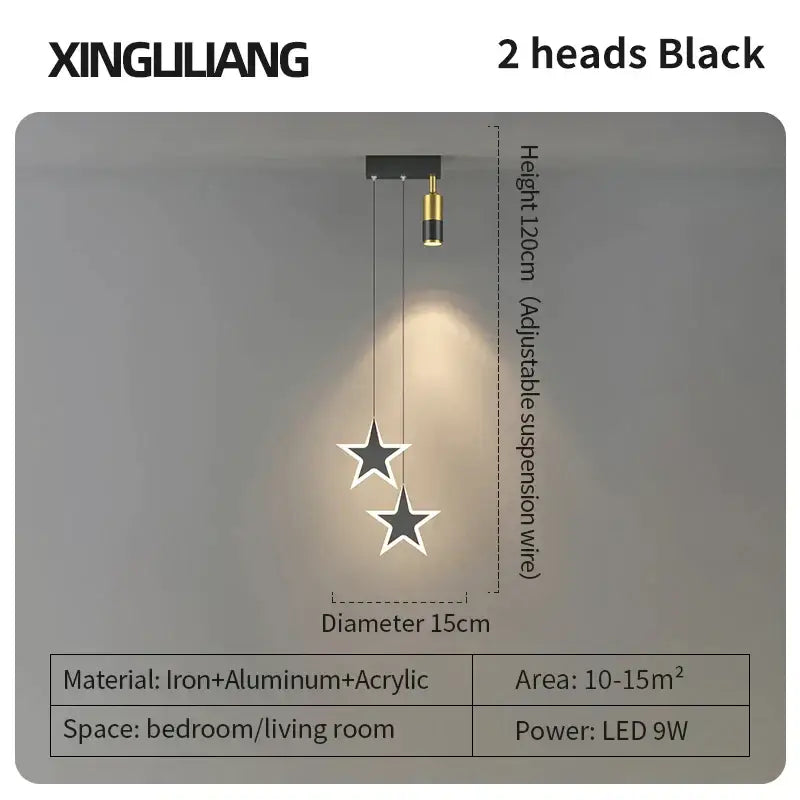 Modern golden pendant chandelier featuring a black star-shaped decorbites golden pendant light with two adjustable heads
