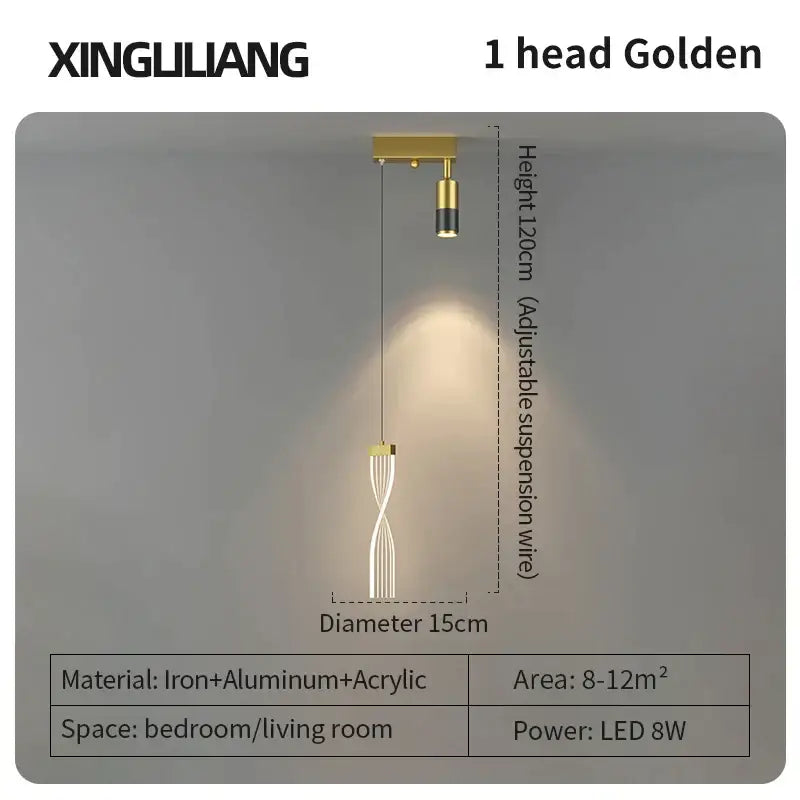 Modern golden pendant chandelier with sleek twisted acrylic design and iron-aluminum suspension by decorbites golden pendant