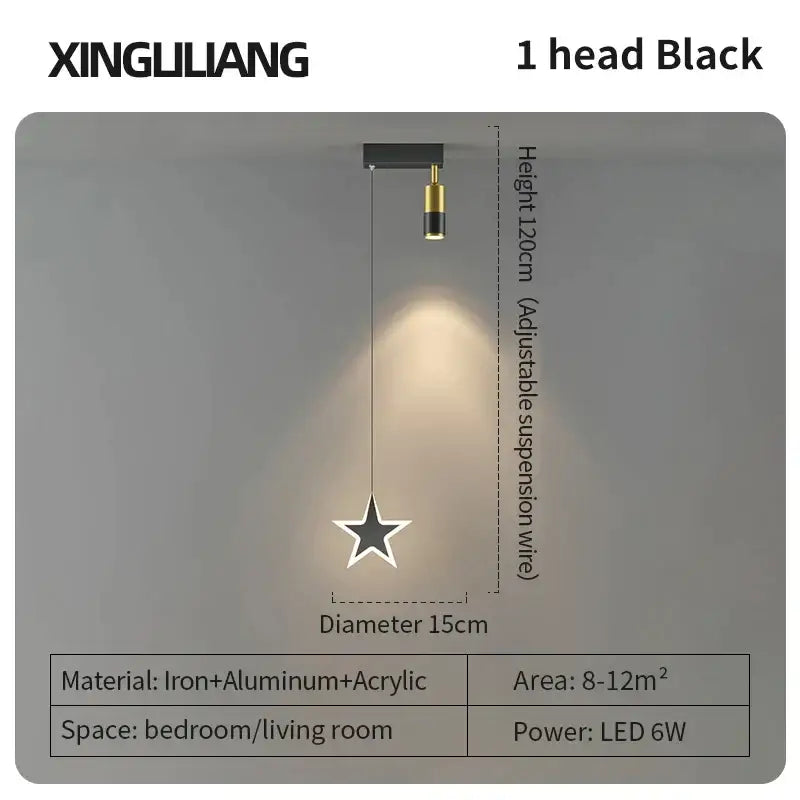 Modern decorbites golden pendant chandelier with black and gold star-shaped design and adjustable suspension wire