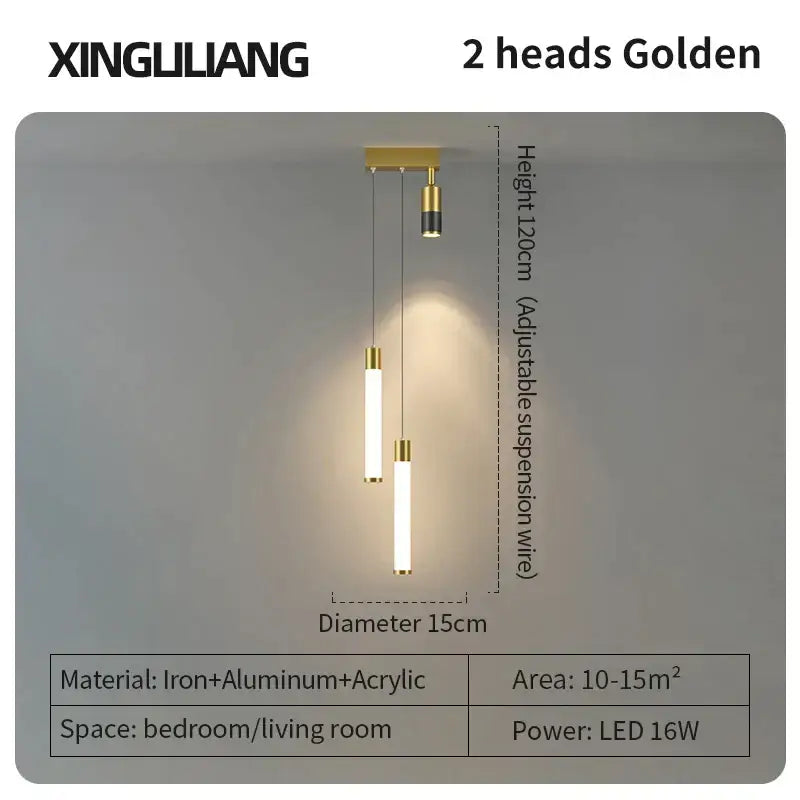 Modern decorbites golden pendant chandelier featuring two sleek cylindrical led bulbs suspended by adjustable wires