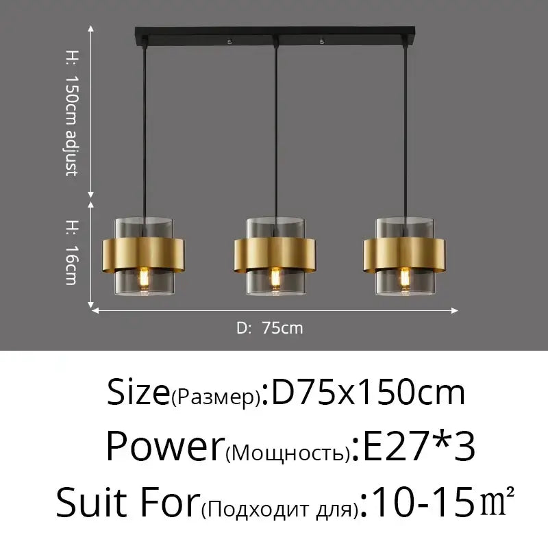 Modern golden pendant lights with three black and gold cylindrical clear glass shades for bedroom decorbites pendant lights