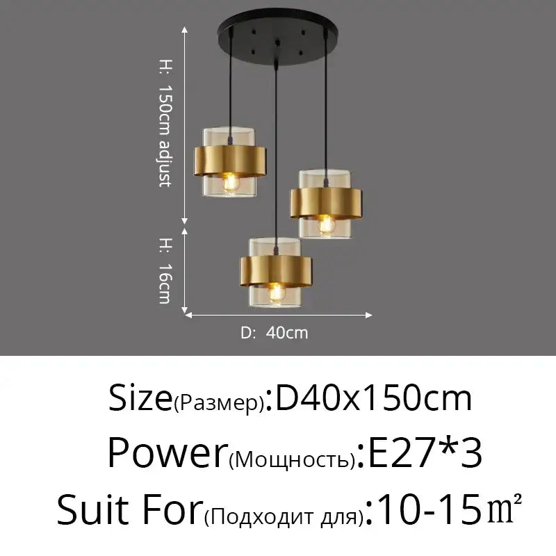 Modern golden pendant lights featuring three clear glass shades and gold-finished metal rings for bedroom decorbites decor