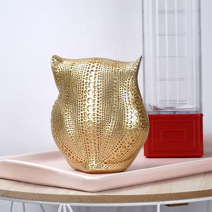 Modern golden perforated owl figurines with textured dotted surface animal statues for living room decorbites golden owl