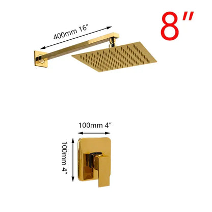 Modern golden plated square rainfall showerhead with sleek design and matching plated rainfall shower control valve by decorbites