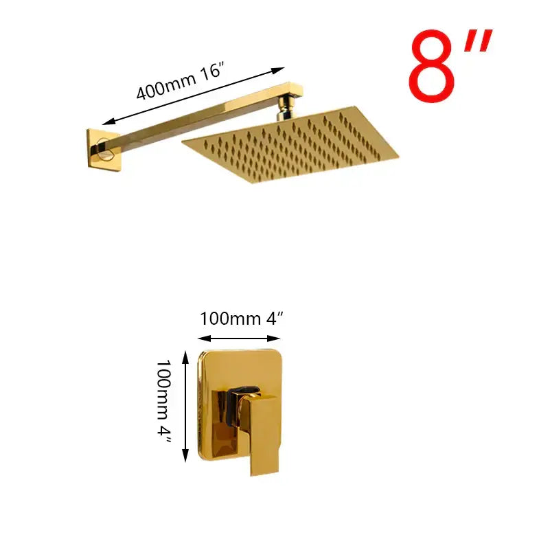 Modern golden plated square rainfall showerhead with sleek design and matching plated rainfall shower control valve by decorbites