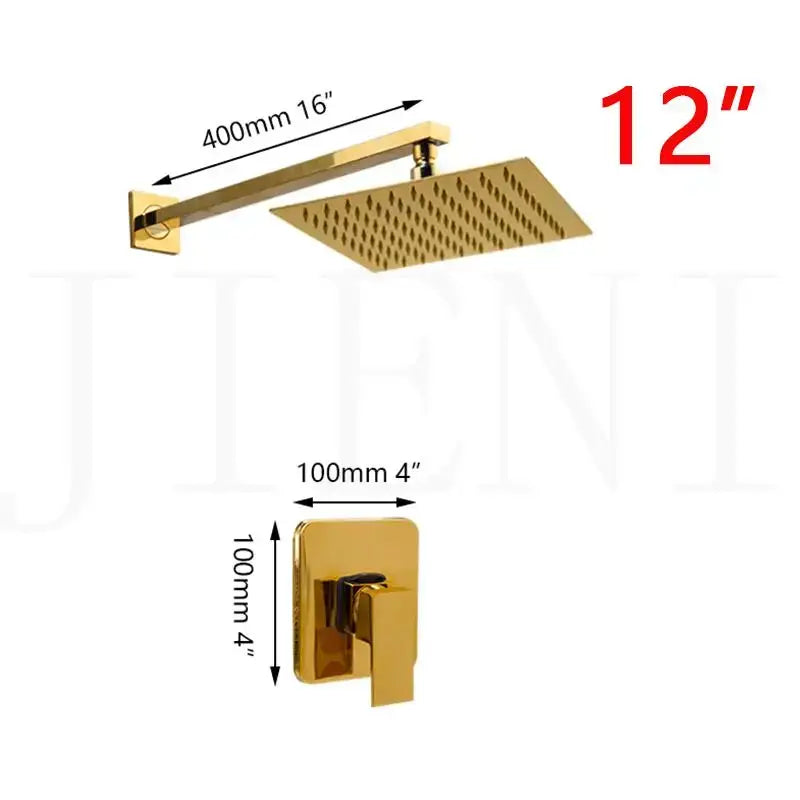 Modern golden plated rainfall shower system featuring a gold-finished square plated rainfall showerhead with perforated surface