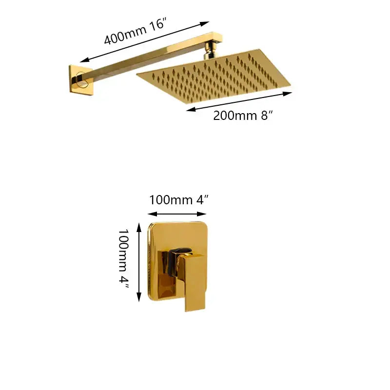 Modern golden plated rainfall shower system featuring a gold-finished square plated rainfall showerhead with matching control valve