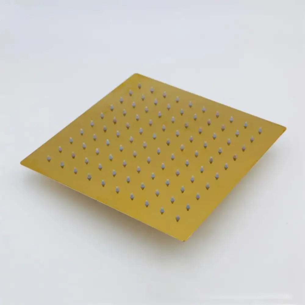 Golden plated rainfall shower square showerhead with evenly spaced perforations from decorbites plated rainfall shower system
