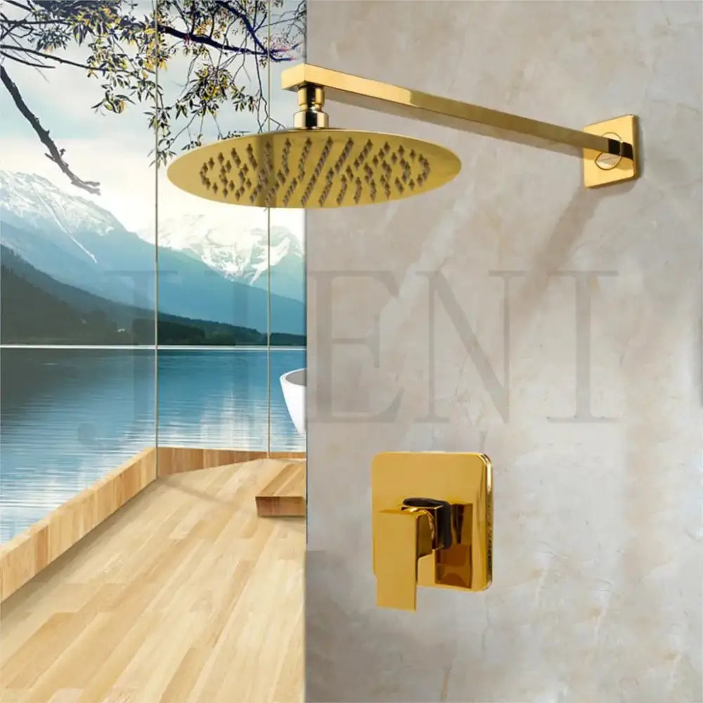 Modern golden plated rainfall shower system with sleek rectangular wall-mounted arm and square control valve decorbites golden plated