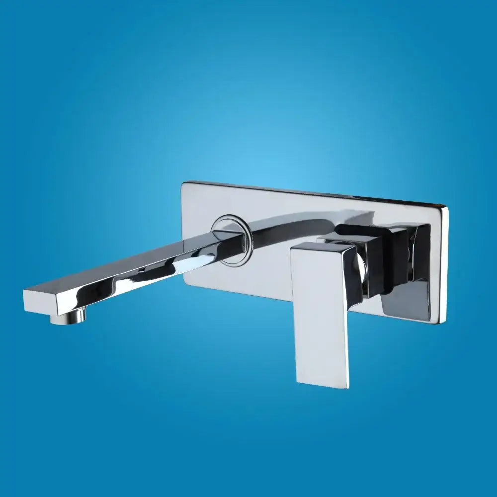 Modern chrome-finished wall mount faucet with sleek angular design and rectangular handle for decorbites golden polished decor