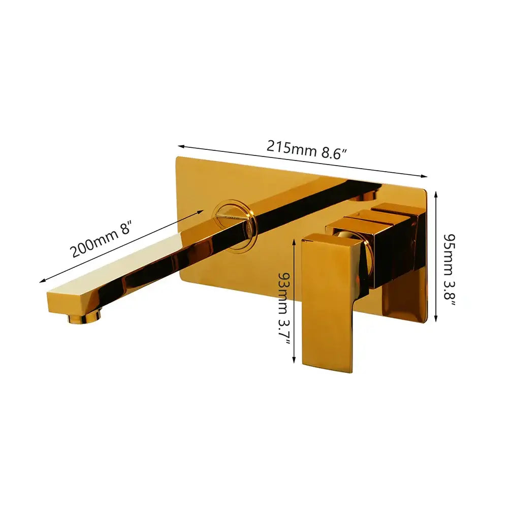 Modern golden polished wall mount faucet with sleek rectangular design and two square handles for bathroom decorbites golden polished use