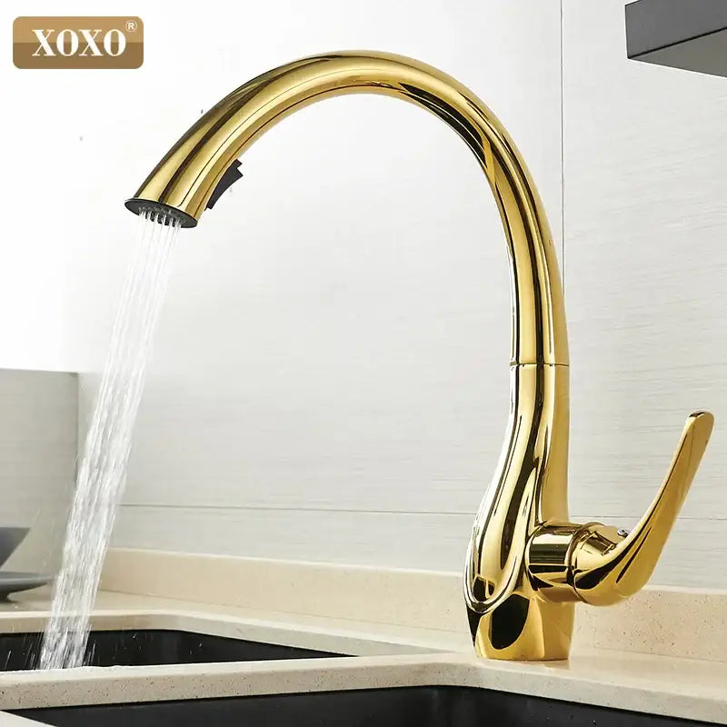 Modern decorbites golden pull kitchen faucet with sleek curved spout and pull down spray head in chrome finish