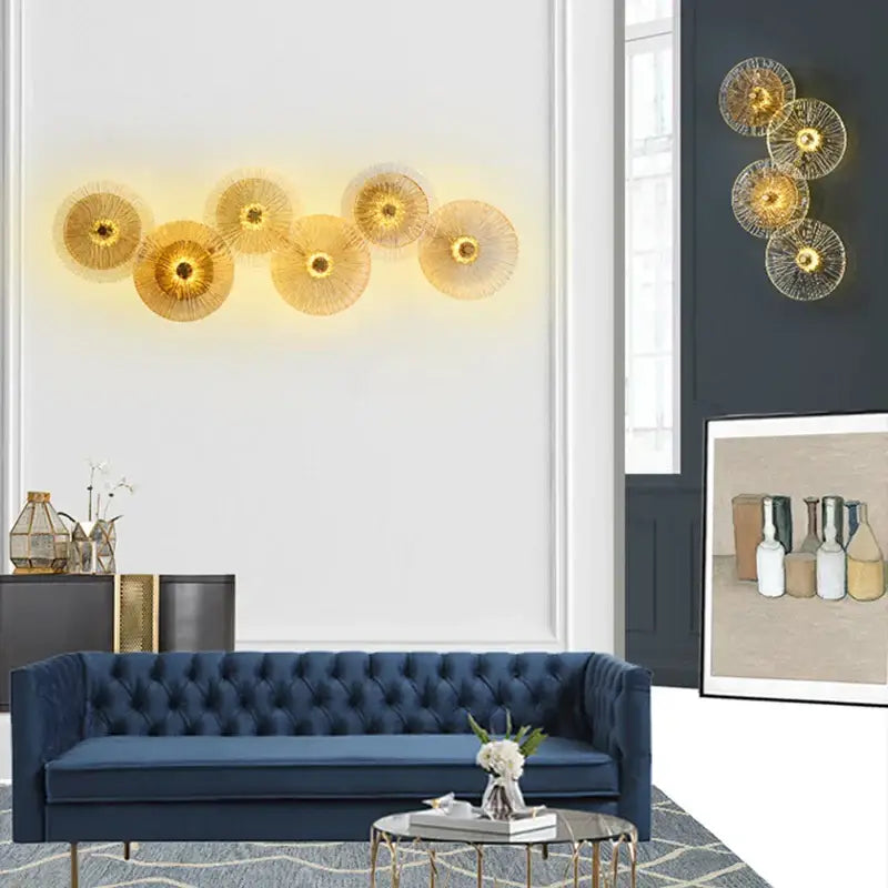 Modern golden radial crystal wall lamp with intricate wireframe design as a decorbites crystal wall lamp for living room