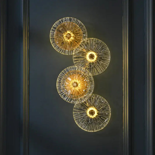 Modern golden radial crystal wall lamp featuring intricate glass patterns and warm light for elegant living room decorbites crystal wall lamp