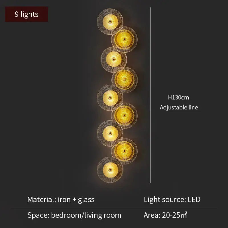 Modern golden radial crystal wall lamp with nine warm yellow iron and glass led wall lamps for living room decor
