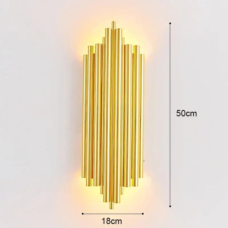 Modern golden radiant led wall lamp with vertical cylindrical brass rods design for bedroom decorbites led wall sconce