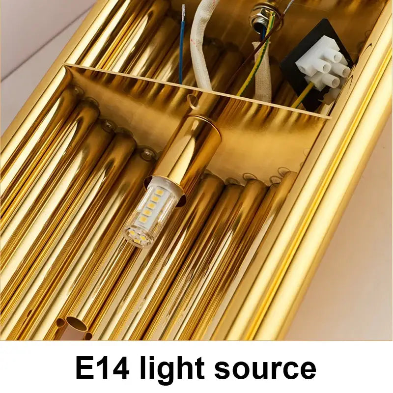 Modern golden radiant led wall lamp with gold-finished brass tube and e14 led bulb for bedroom decorbites led wall lamp