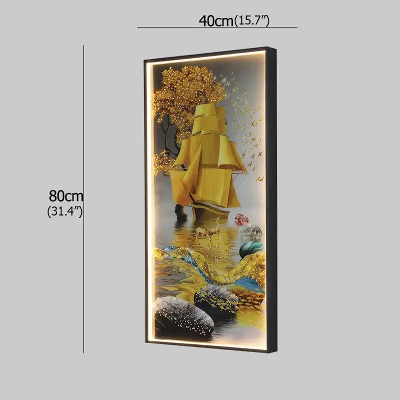Illuminated modern golden scenic mountain wall sconces with intricate boat figure led and decorative trees butterflies rocks