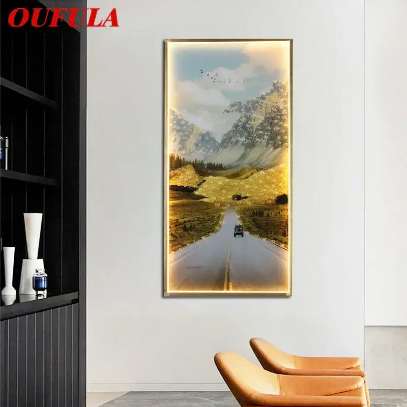 Golden-framed oufula canvas art wall sconces featuring a scenic mountain road with warm lighting for living room decor