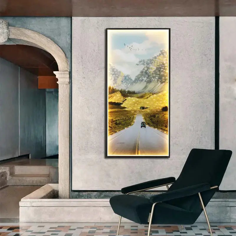 Modern golden scenic mountain wall sconces featuring a framed landscape with a winding road in black frame for living room decorbites boat figure led