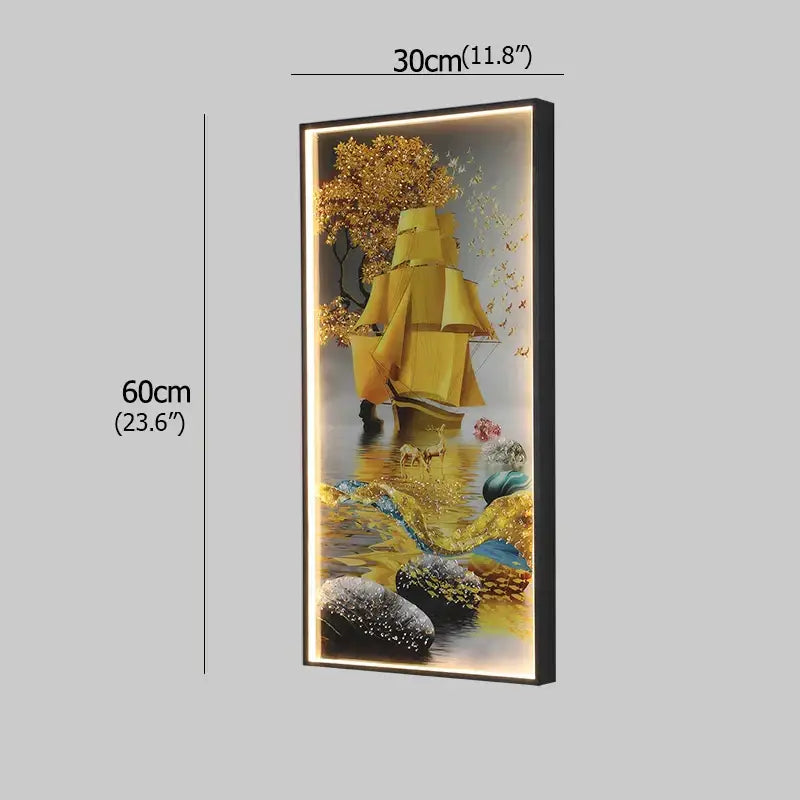 Modern golden scenic mountain wall sconces featuring a glowing golden boat figure led on reflective water for living room decorbites decor