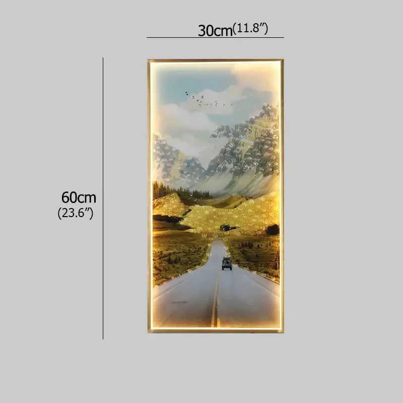 Modern golden scenic mountain wall sconces featuring a framed winding road landscape with warm backlighting for living room decor